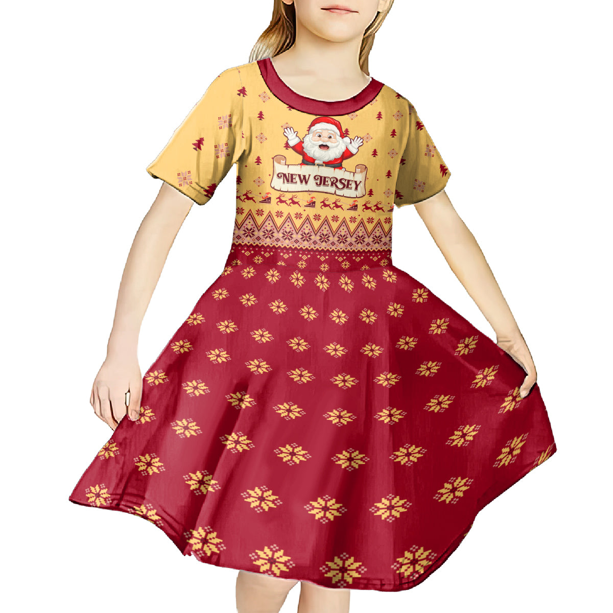 New Jersey Christmas Kid Short Sleeve Dress Cheerful Santa Claus Xmas Pattern - Wonder Print Shop