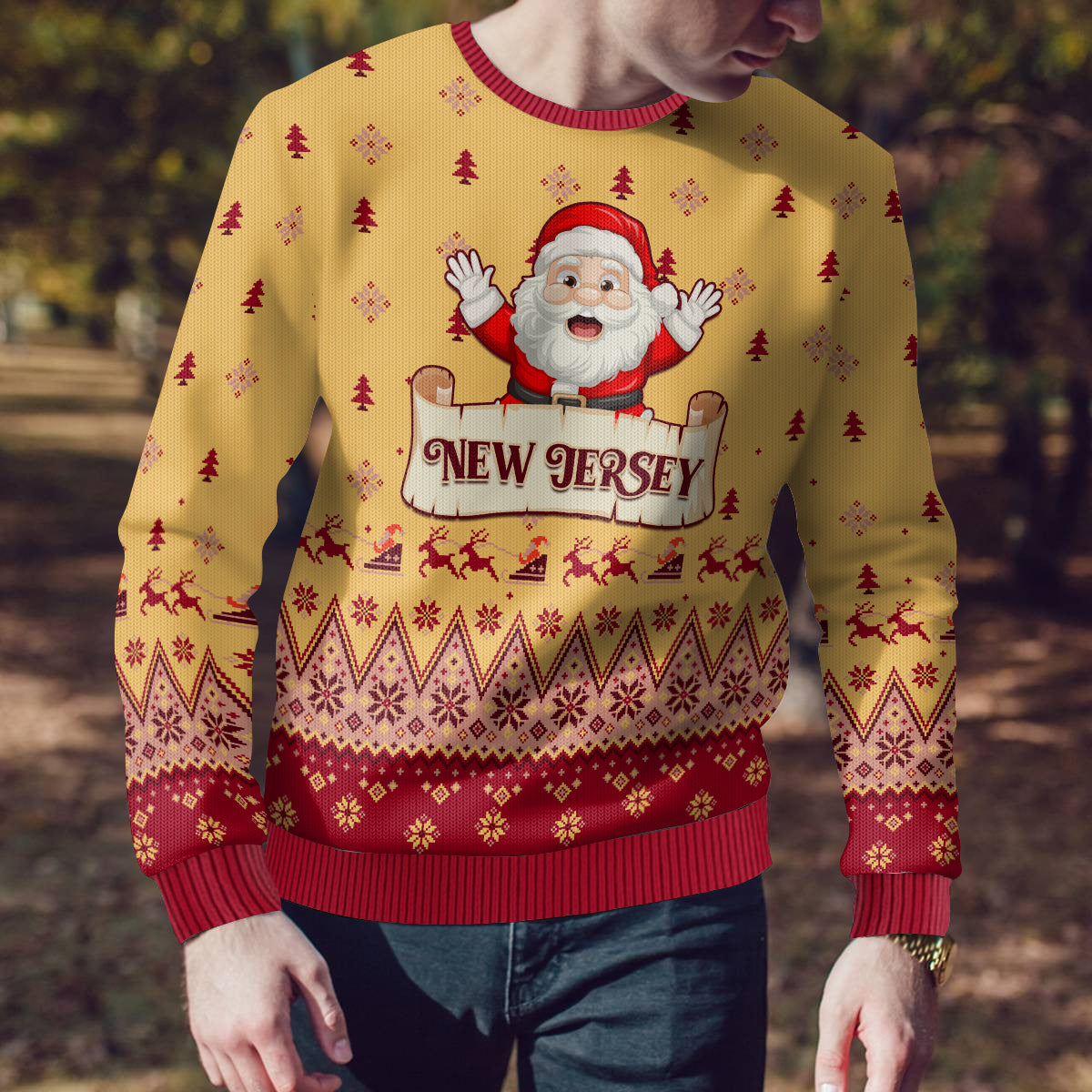 New Jersey Christmas Ugly Christmas Sweater Cheerful Santa Claus Xmas Pattern - Wonder Print Shop