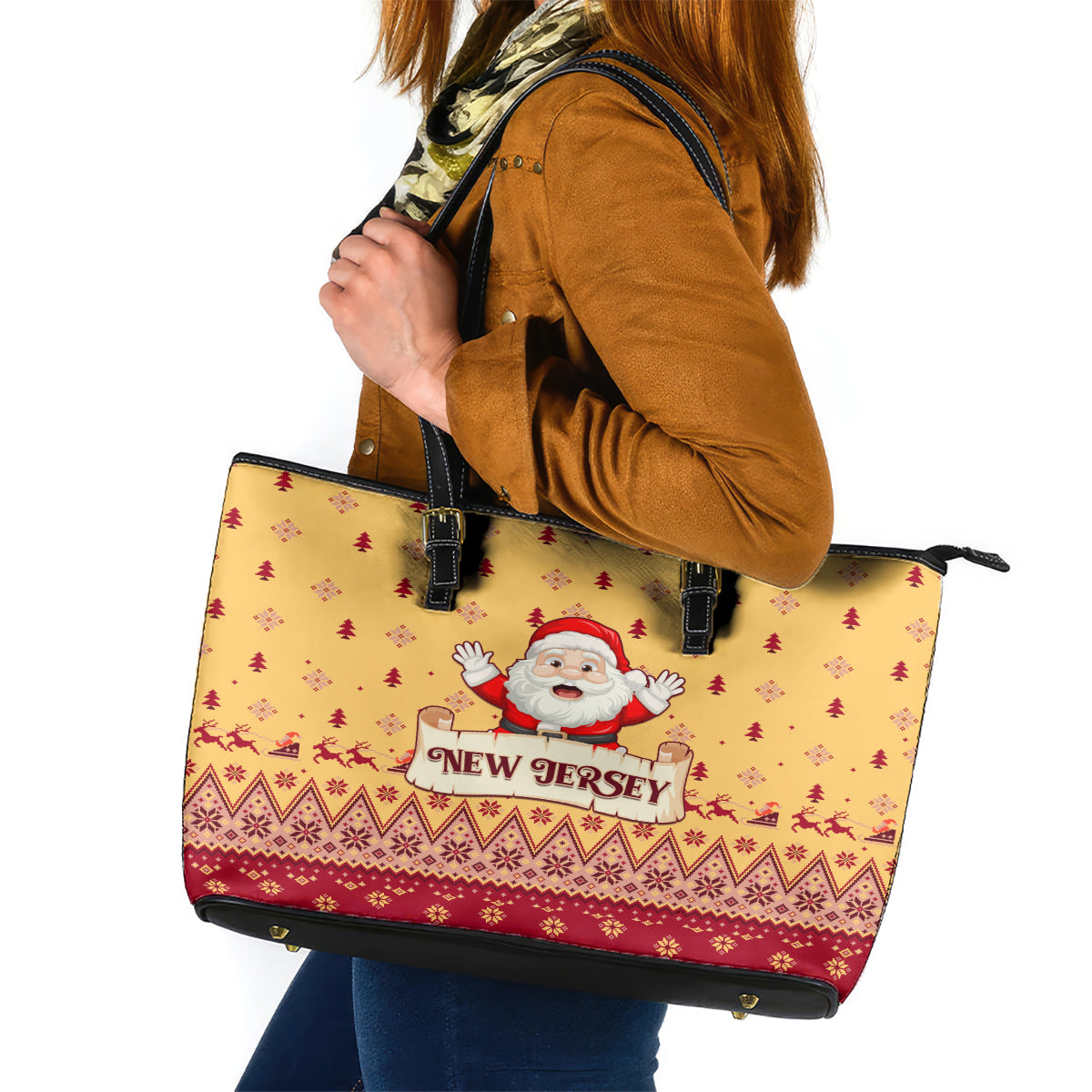 New Jersey Christmas Leather Tote Bag Cheerful Santa Claus Xmas Pattern - Wonder Print Shop