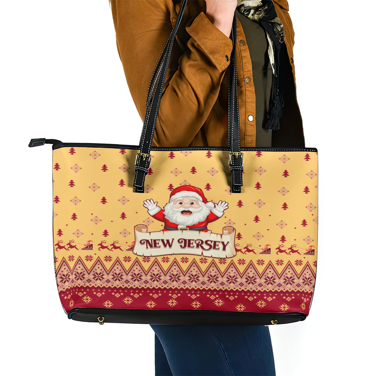 New Jersey Christmas Leather Tote Bag Cheerful Santa Claus Xmas Pattern - Wonder Print Shop
