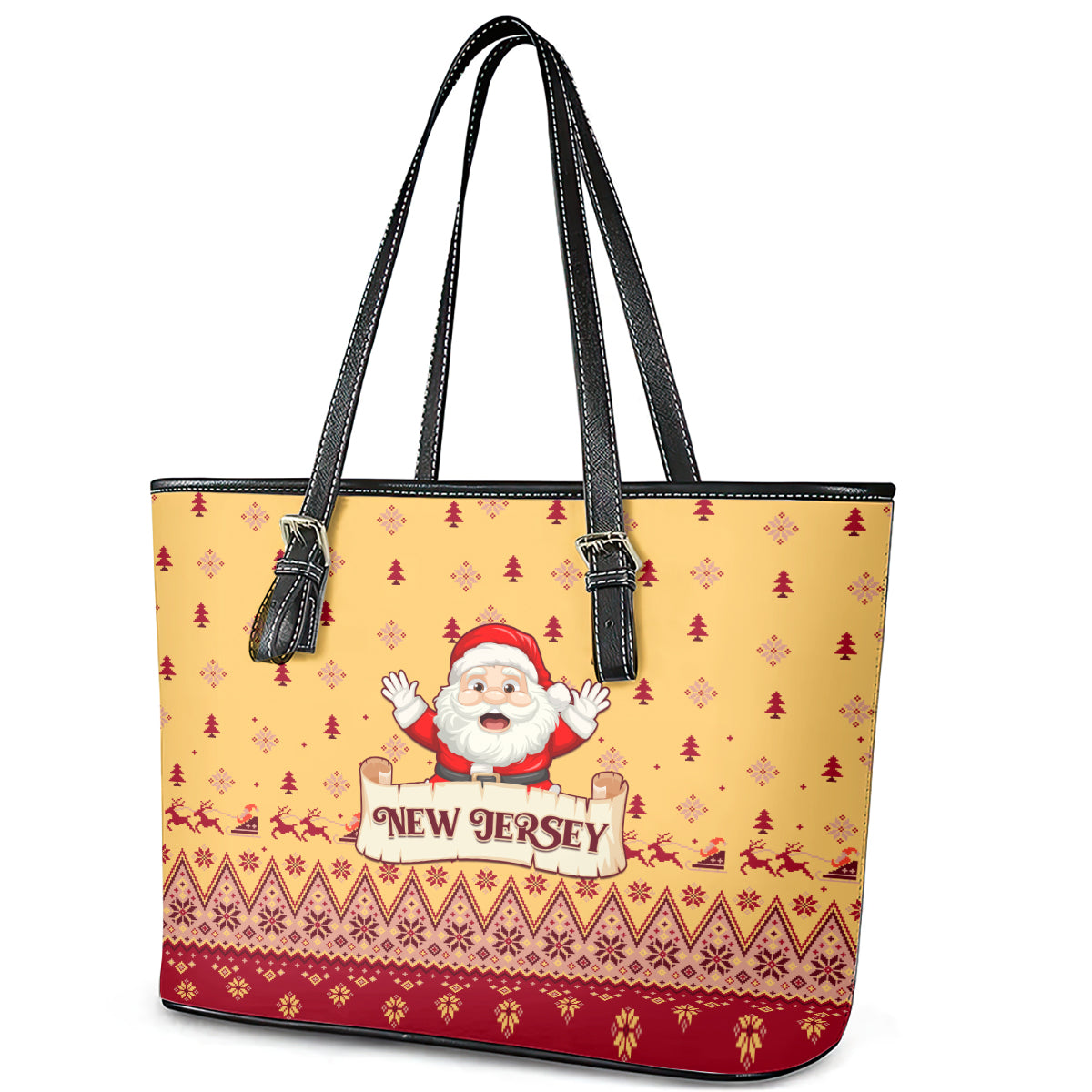 New Jersey Christmas Leather Tote Bag Cheerful Santa Claus Xmas Pattern - Wonder Print Shop