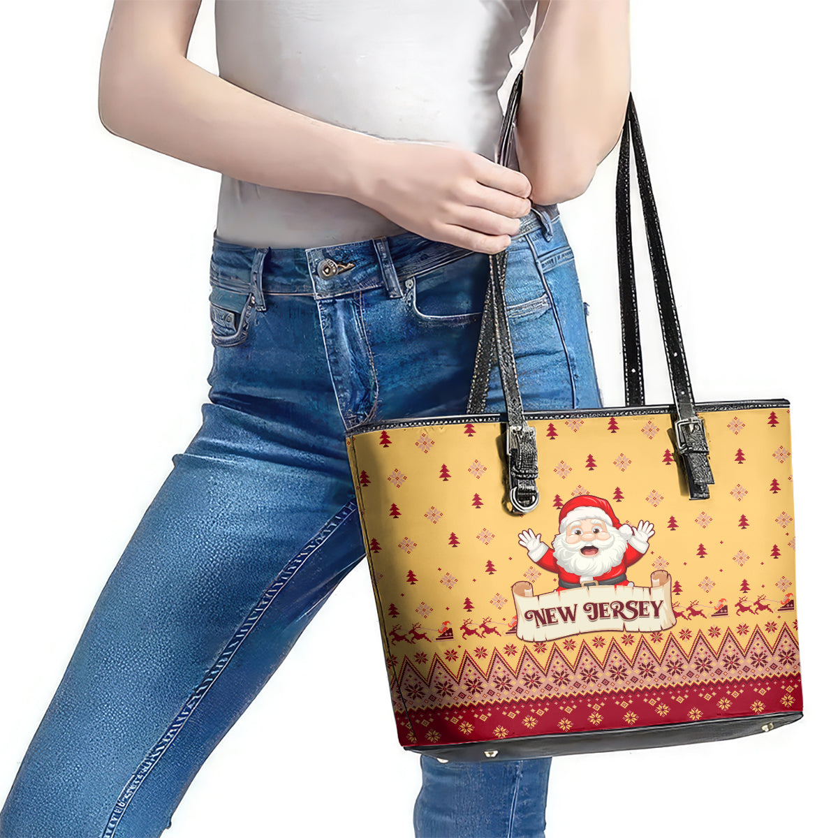 New Jersey Christmas Leather Tote Bag Cheerful Santa Claus Xmas Pattern - Wonder Print Shop