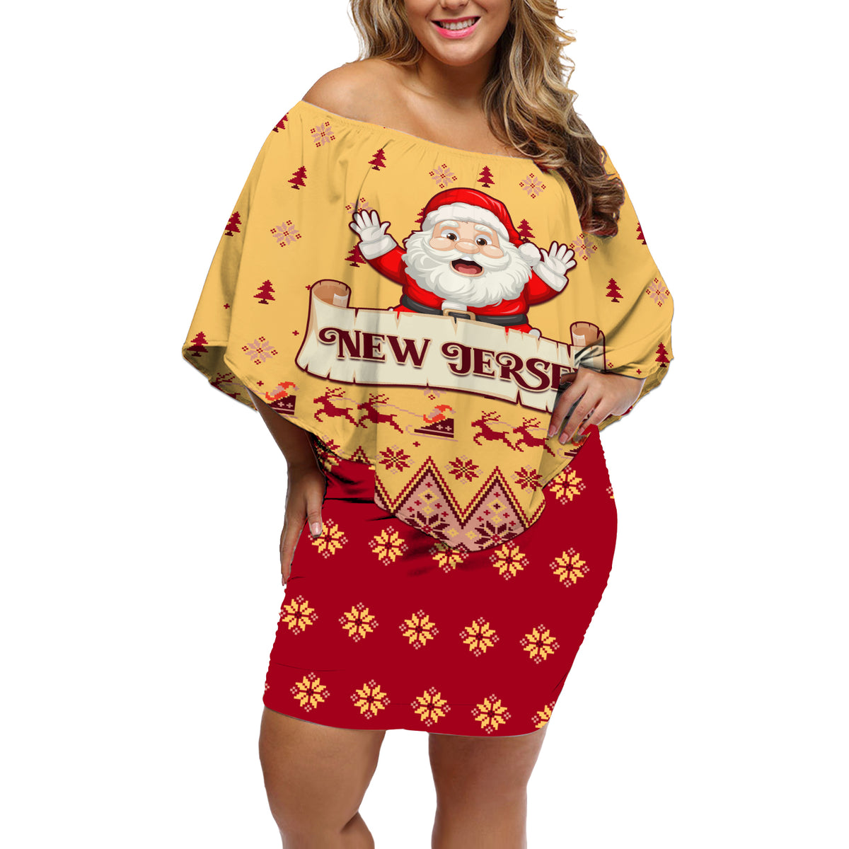 New Jersey Christmas Off Shoulder Short Dress Cheerful Santa Claus Xmas Pattern - Wonder Print Shop