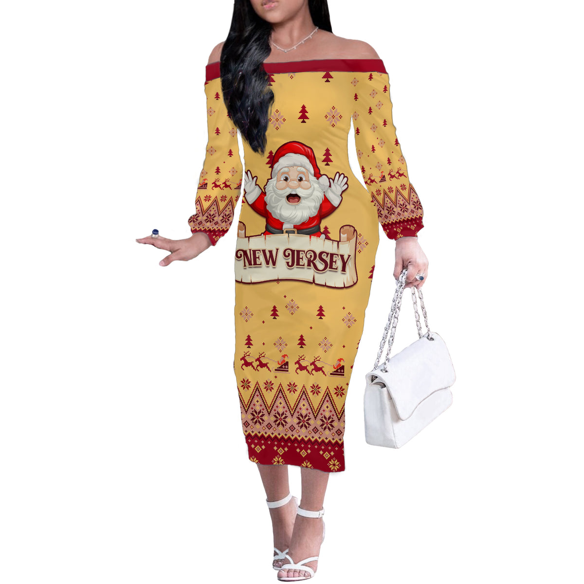 New Jersey Christmas Off The Shoulder Long Sleeve Dress Cheerful Santa Claus Xmas Pattern - Wonder Print Shop