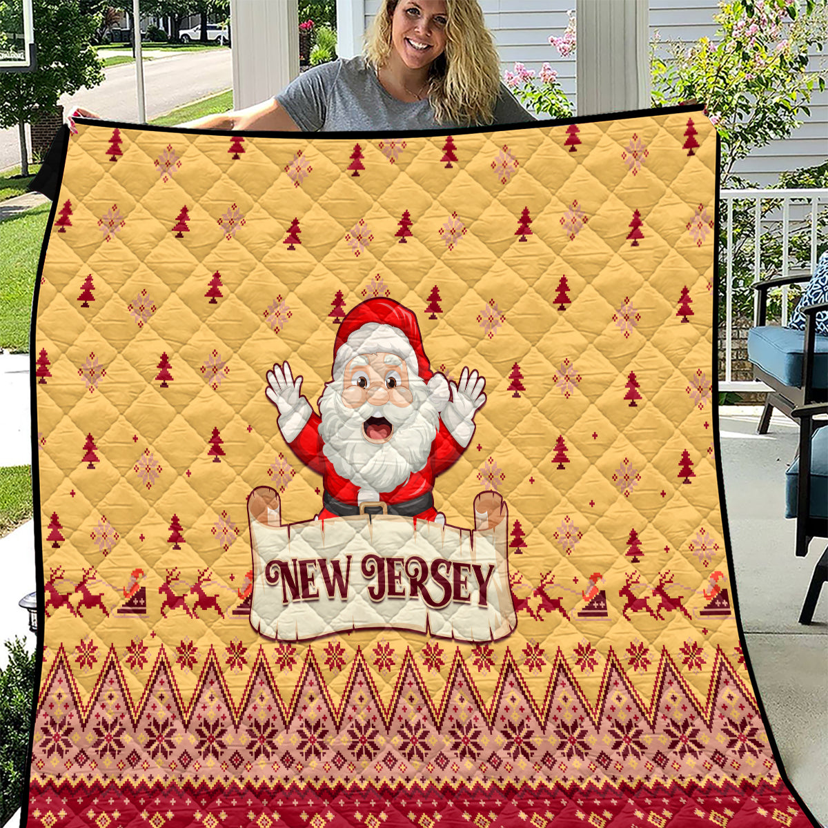 New Jersey Christmas Quilt Cheerful Santa Claus Xmas Pattern - Wonder Print Shop