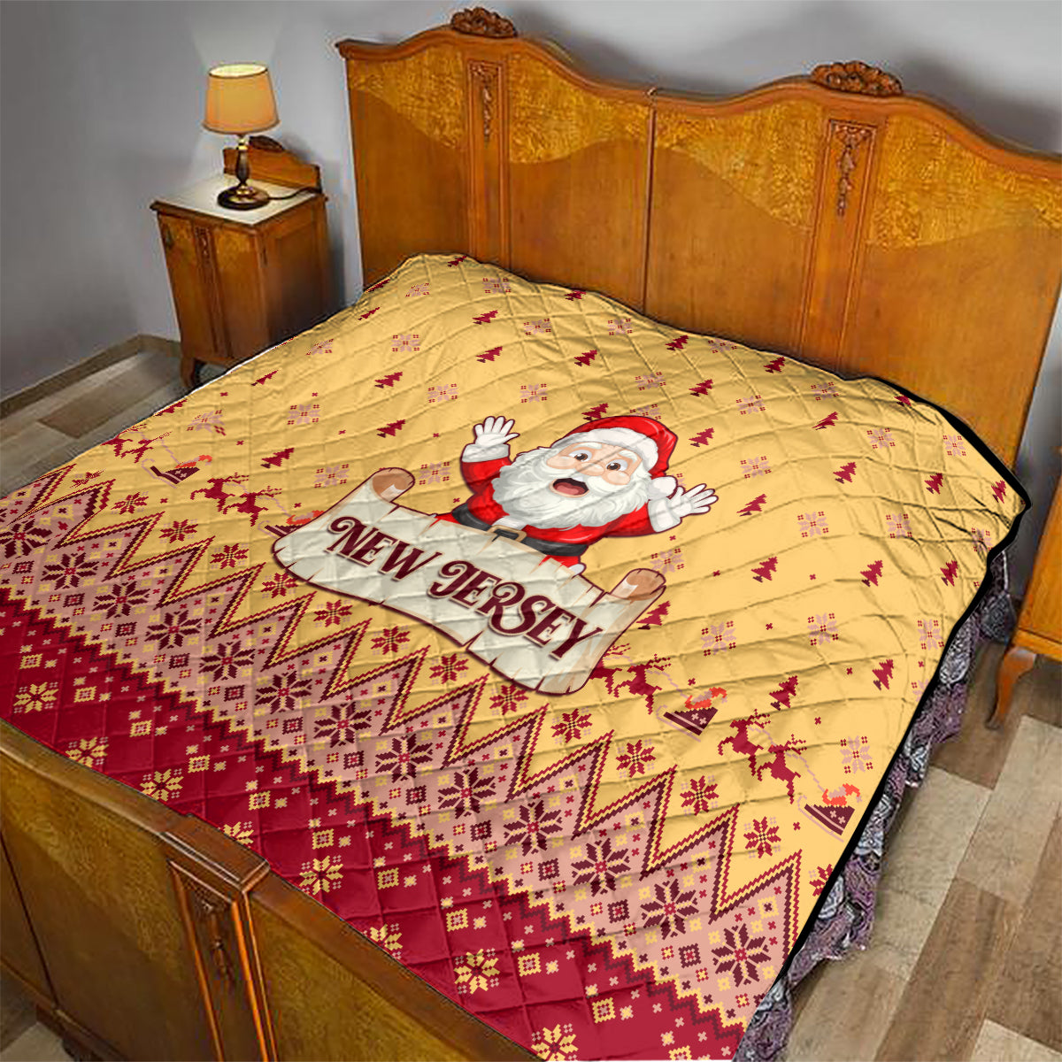 New Jersey Christmas Quilt Cheerful Santa Claus Xmas Pattern - Wonder Print Shop