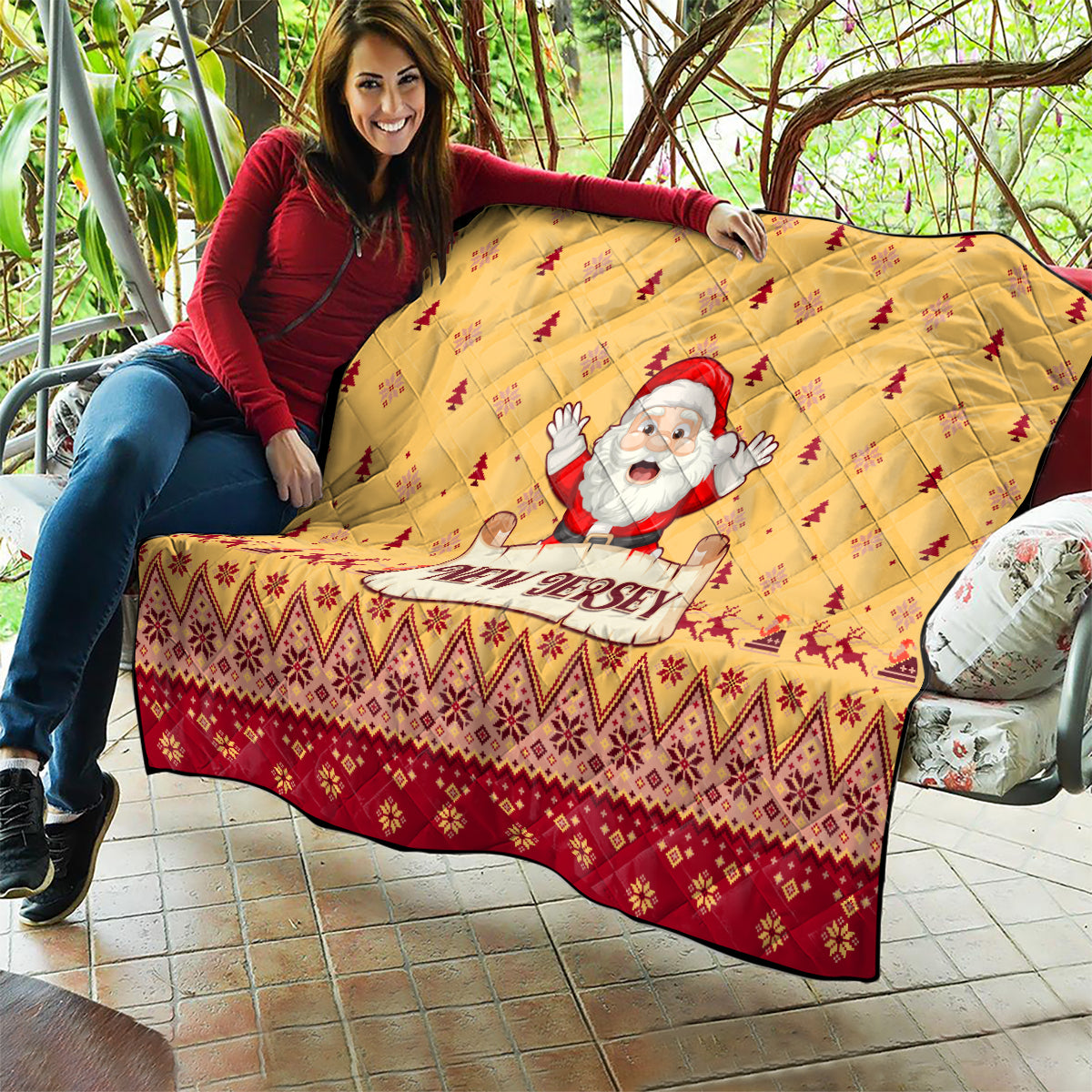New Jersey Christmas Quilt Cheerful Santa Claus Xmas Pattern - Wonder Print Shop