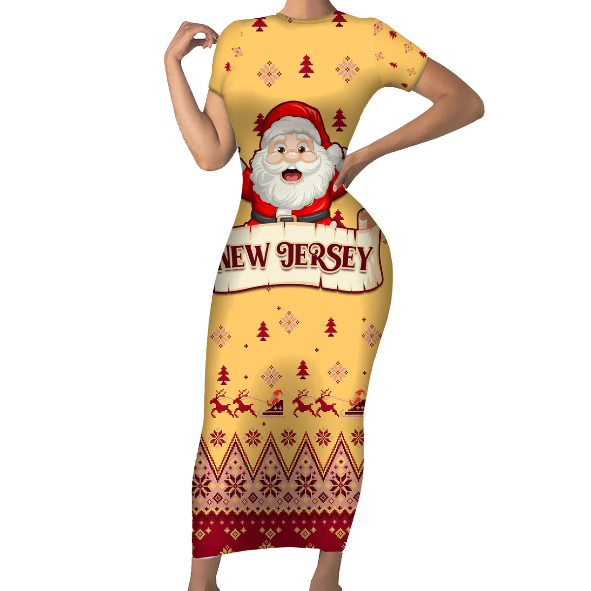 New Jersey Christmas Short Sleeve Bodycon Dress Cheerful Santa Claus Xmas Pattern - Wonder Print Shop