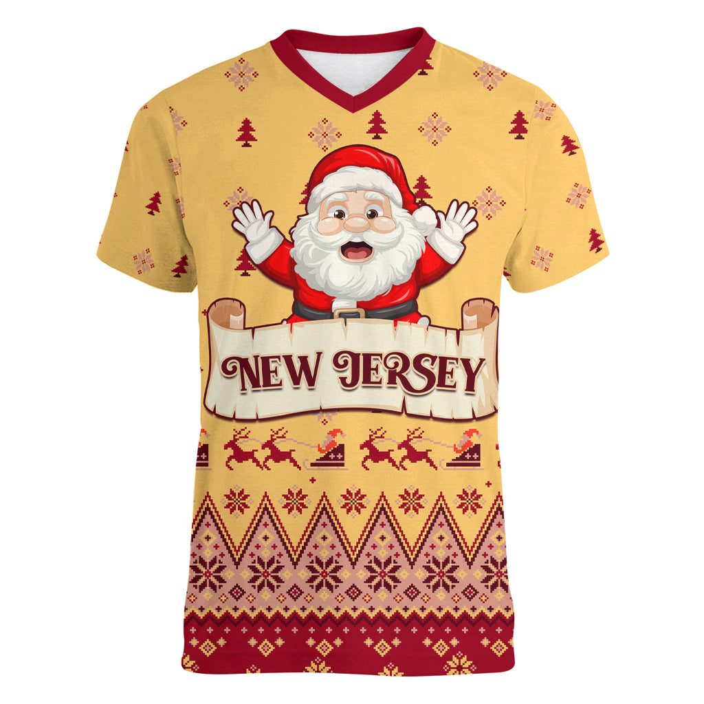 New Jersey Christmas Women V Neck T Shirt Cheerful Santa Claus Xmas Pattern - Wonder Print Shop