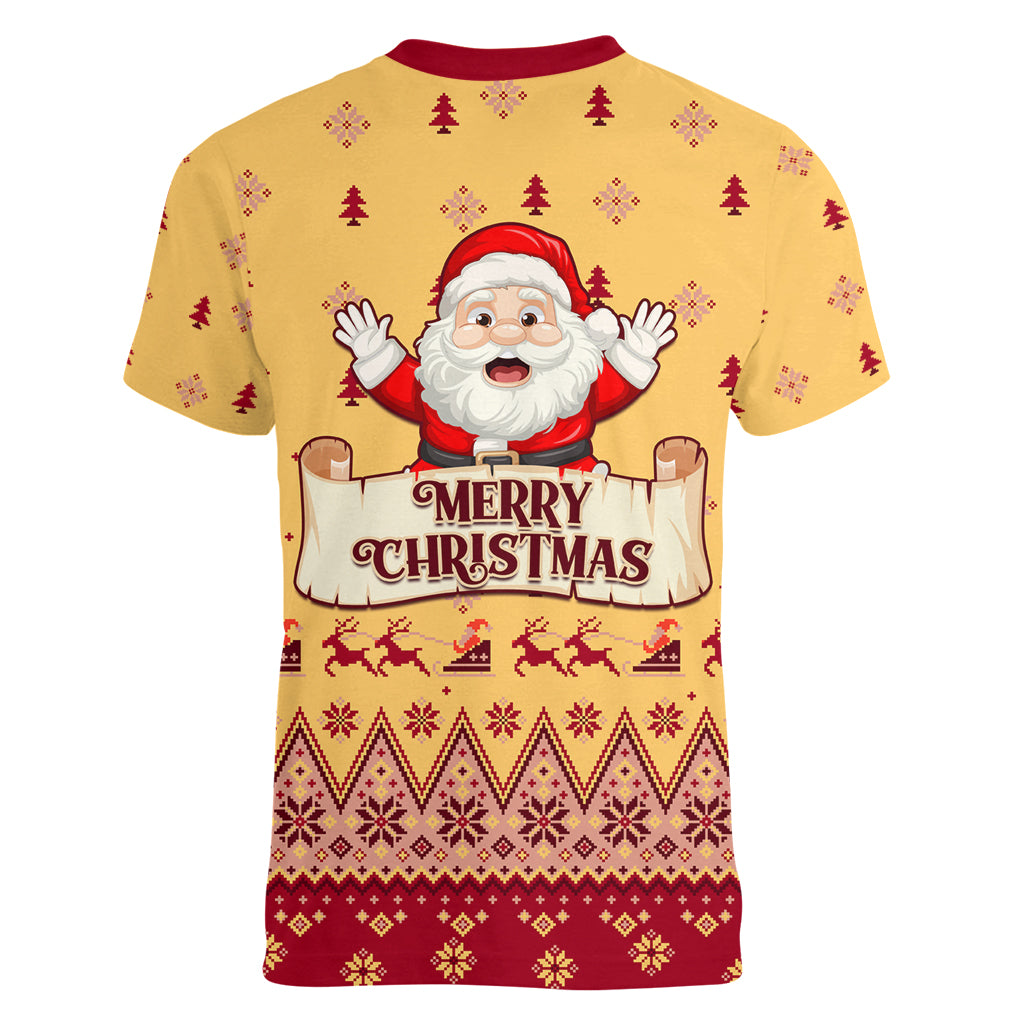 New Jersey Christmas Women V Neck T Shirt Cheerful Santa Claus Xmas Pattern - Wonder Print Shop