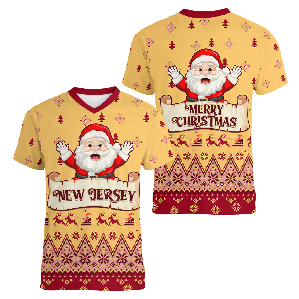 New Jersey Christmas Women V Neck T Shirt Cheerful Santa Claus Xmas Pattern - Wonder Print Shop