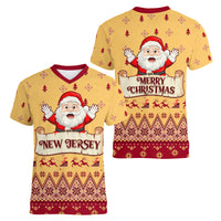 New Jersey Christmas Women V Neck T Shirt Cheerful Santa Claus Xmas Pattern - Wonder Print Shop