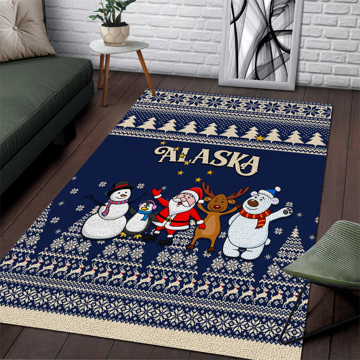 Custom Alaska Christmas Area Rug Santa Claus With Snowman Reindeer Penguin - Wonder Print Shop
