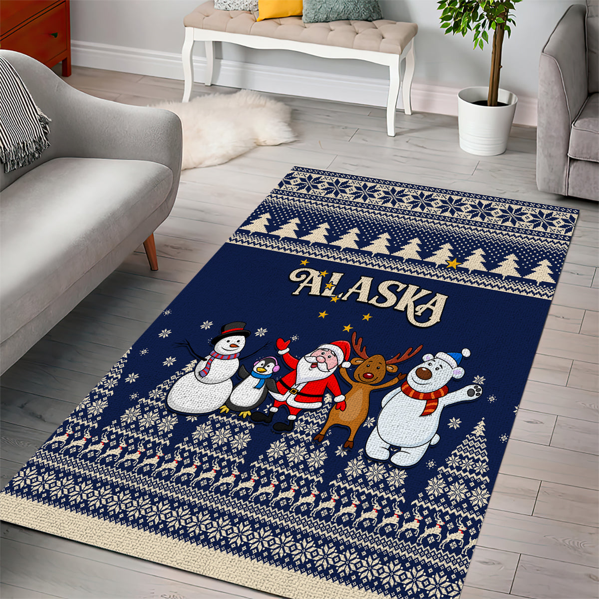 Custom Alaska Christmas Area Rug Santa Claus With Snowman Reindeer Penguin - Wonder Print Shop