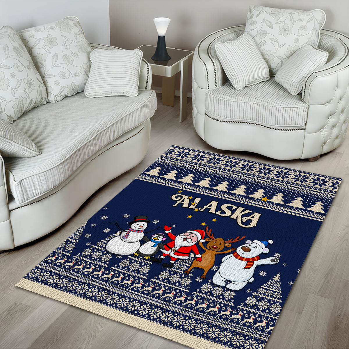 Custom Alaska Christmas Area Rug Santa Claus With Snowman Reindeer Penguin - Wonder Print Shop