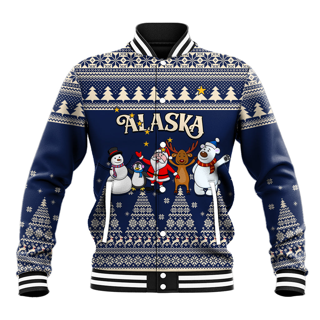 Custom Alaska Christmas Baseball Jacket Santa Claus With Snowman Reindeer Penguin - Wonder Print Shop