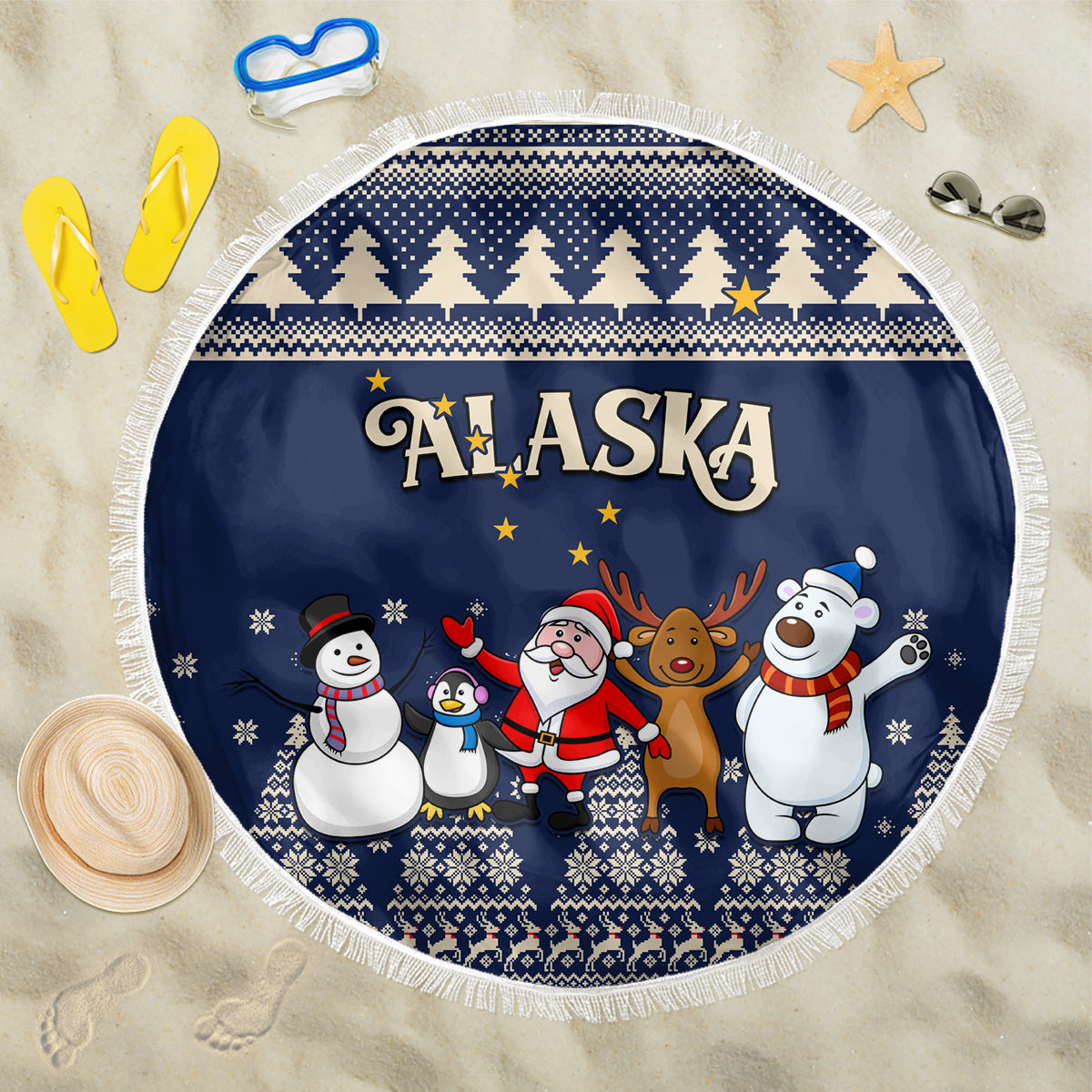 Custom Alaska Christmas Beach Blanket Santa Claus With Snowman Reindeer Penguin - Wonder Print Shop