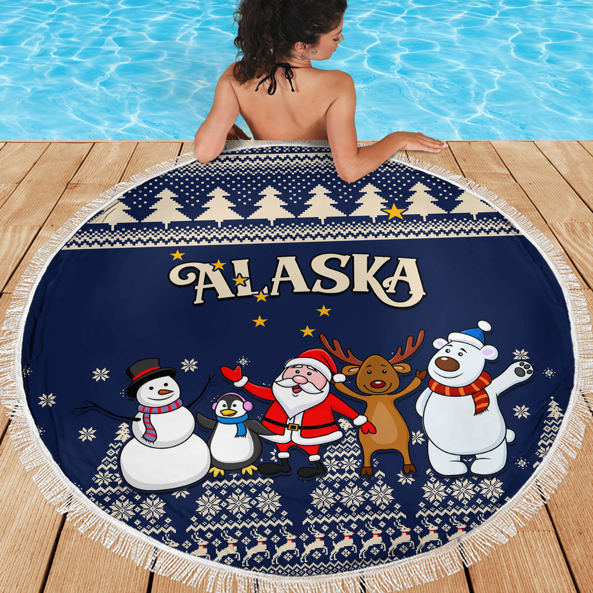 Custom Alaska Christmas Beach Blanket Santa Claus With Snowman Reindeer Penguin - Wonder Print Shop
