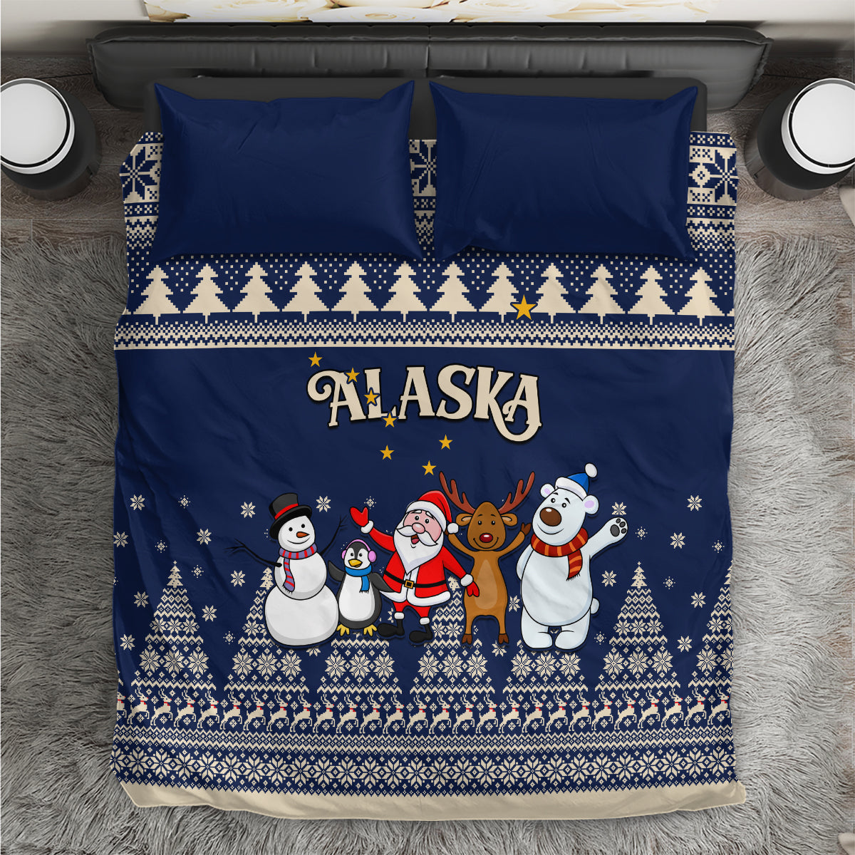 Custom Alaska Christmas Bedding Set Santa Claus With Snowman Reindeer Penguin - Wonder Print Shop