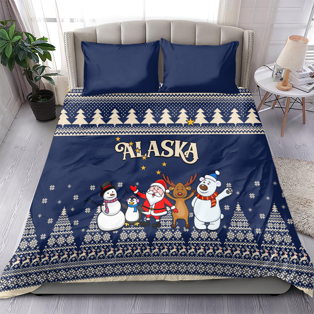 Custom Alaska Christmas Bedding Set Santa Claus With Snowman Reindeer Penguin - Wonder Print Shop