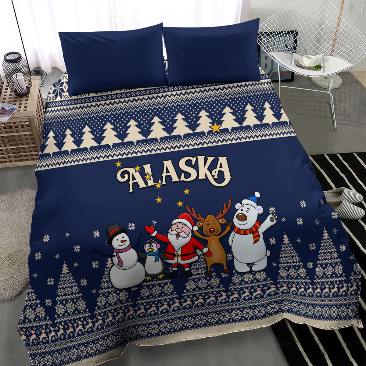 Custom Alaska Christmas Bedding Set Santa Claus With Snowman Reindeer Penguin - Wonder Print Shop