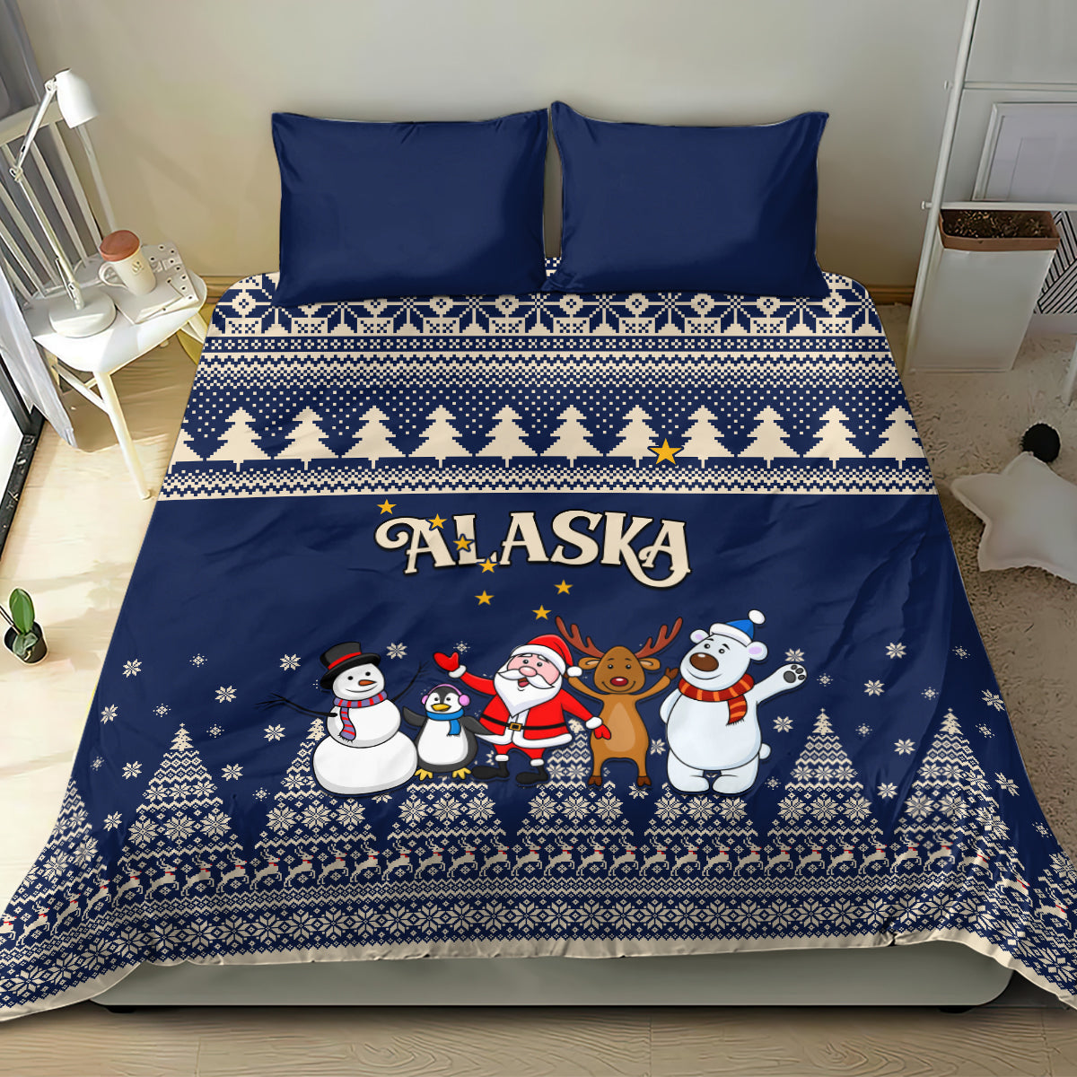 Custom Alaska Christmas Bedding Set Santa Claus With Snowman Reindeer Penguin - Wonder Print Shop