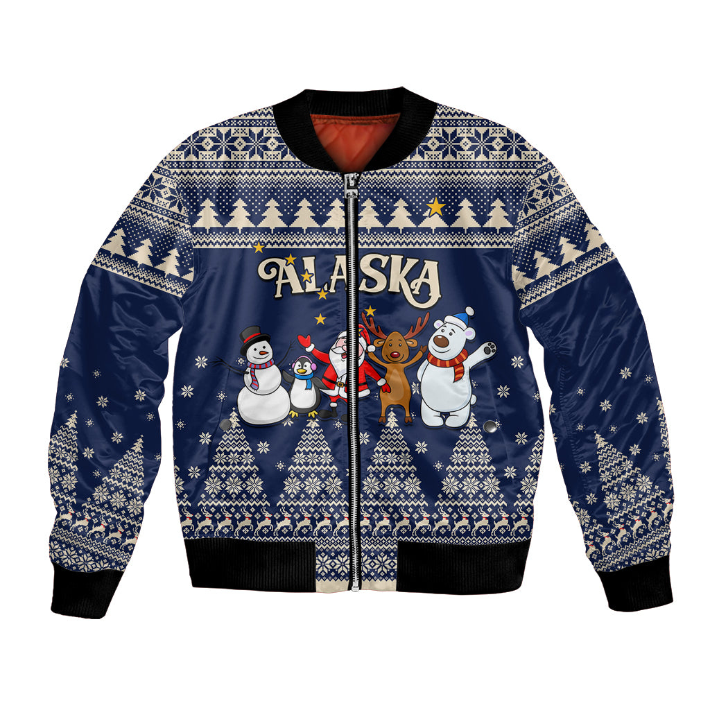 Custom Alaska Christmas Bomber Jacket Santa Claus With Snowman Reindeer Penguin - Wonder Print Shop