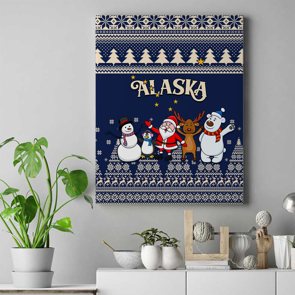 Custom Alaska Christmas Canvas Wall Art Santa Claus With Snowman Reindeer Penguin - Wonder Print Shop