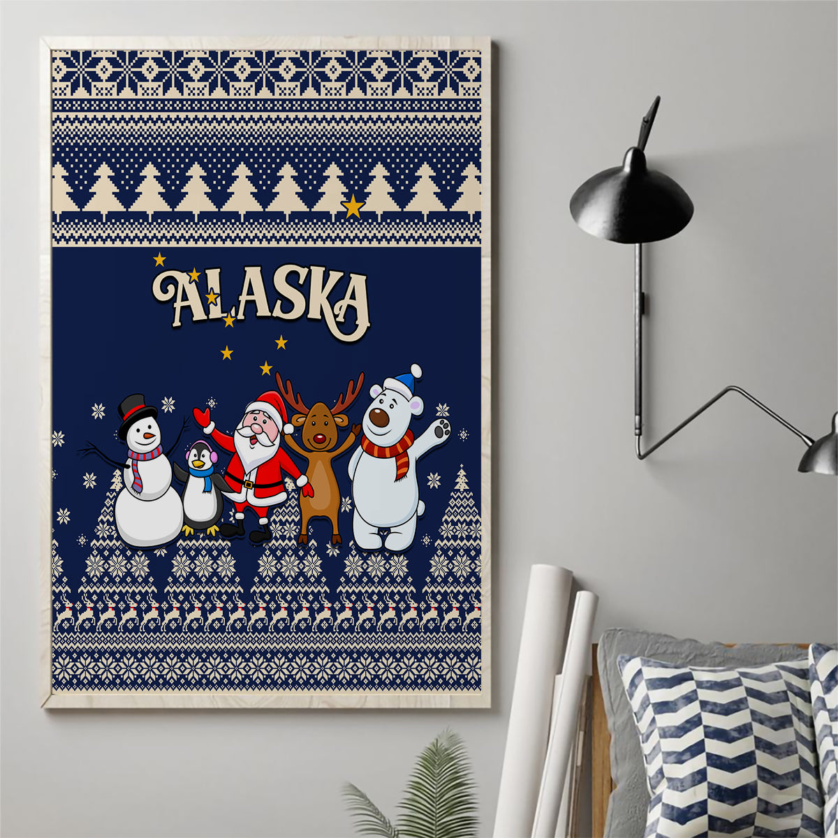 Custom Alaska Christmas Canvas Wall Art Santa Claus With Snowman Reindeer Penguin - Wonder Print Shop