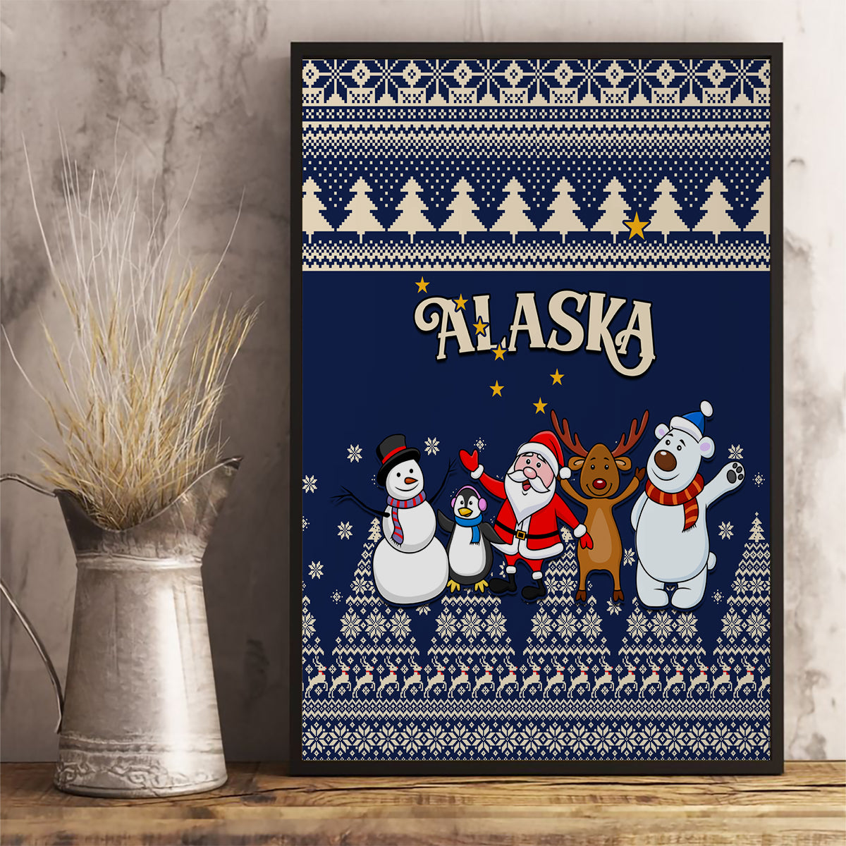 Custom Alaska Christmas Canvas Wall Art Santa Claus With Snowman Reindeer Penguin - Wonder Print Shop