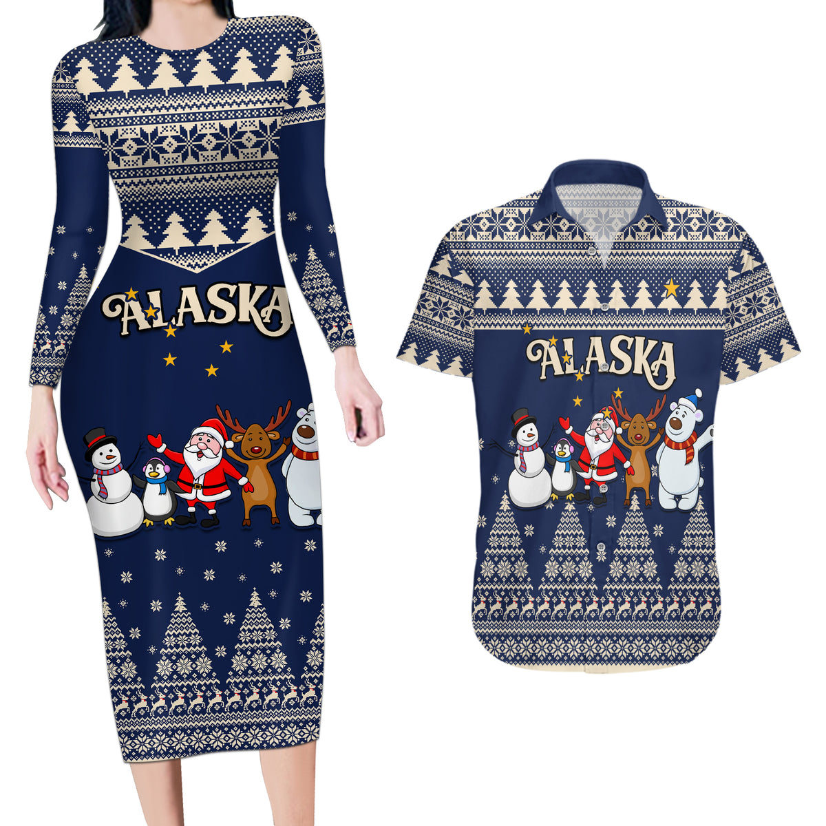 Custom Alaska Christmas Couples Matching Long Sleeve Bodycon Dress and Hawaiian Shirt Santa Claus With Snowman Reindeer Penguin - Wonder Print Shop