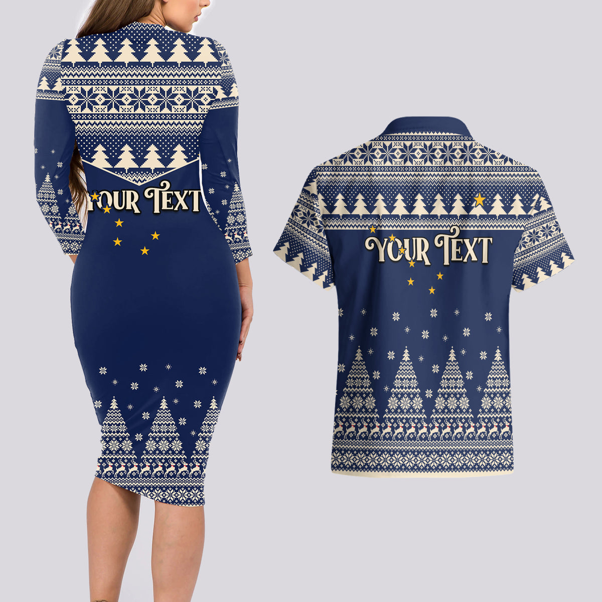 Custom Alaska Christmas Couples Matching Long Sleeve Bodycon Dress and Hawaiian Shirt Santa Claus With Snowman Reindeer Penguin - Wonder Print Shop