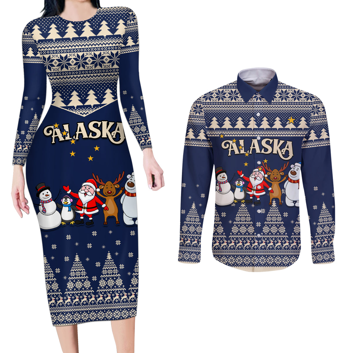 Custom Alaska Christmas Couples Matching Long Sleeve Bodycon Dress and Long Sleeve Button Shirt Santa Claus With Snowman Reindeer Penguin - Wonder Print Shop