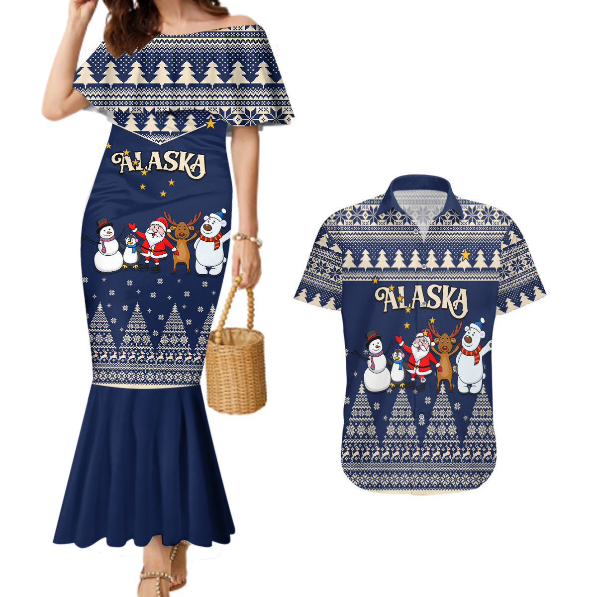Custom Alaska Christmas Couples Matching Mermaid Dress and Hawaiian Shirt Santa Claus With Snowman Reindeer Penguin - Wonder Print Shop