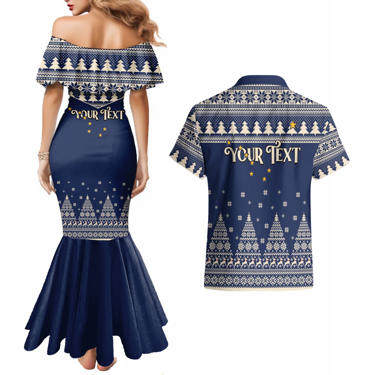 Custom Alaska Christmas Couples Matching Mermaid Dress and Hawaiian Shirt Santa Claus With Snowman Reindeer Penguin - Wonder Print Shop