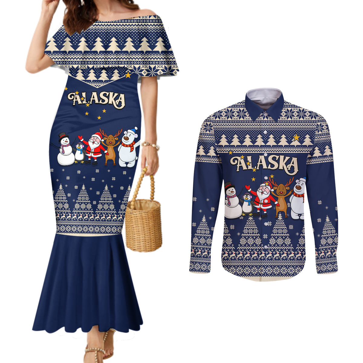 custom-alaska-christmas-couples-matching-mermaid-dress-and-long-sleeve-button-shirt-santa-claus-with-snowman-reindeer-penguin