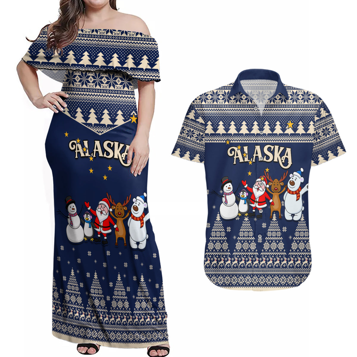 Custom Alaska Christmas Couples Matching Off Shoulder Maxi Dress and Hawaiian Shirt Santa Claus With Snowman Reindeer Penguin - Wonder Print Shop