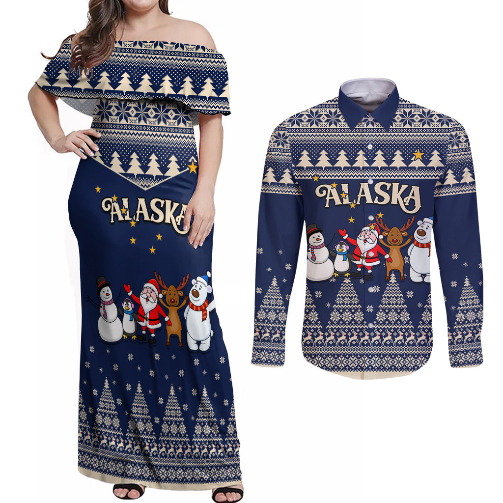 Custom Alaska Christmas Couples Matching Off Shoulder Maxi Dress and Long Sleeve Button Shirt Santa Claus With Snowman Reindeer Penguin - Wonder Print Shop