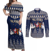 Custom Alaska Christmas Couples Matching Off Shoulder Maxi Dress and Long Sleeve Button Shirt Santa Claus With Snowman Reindeer Penguin - Wonder Print Shop