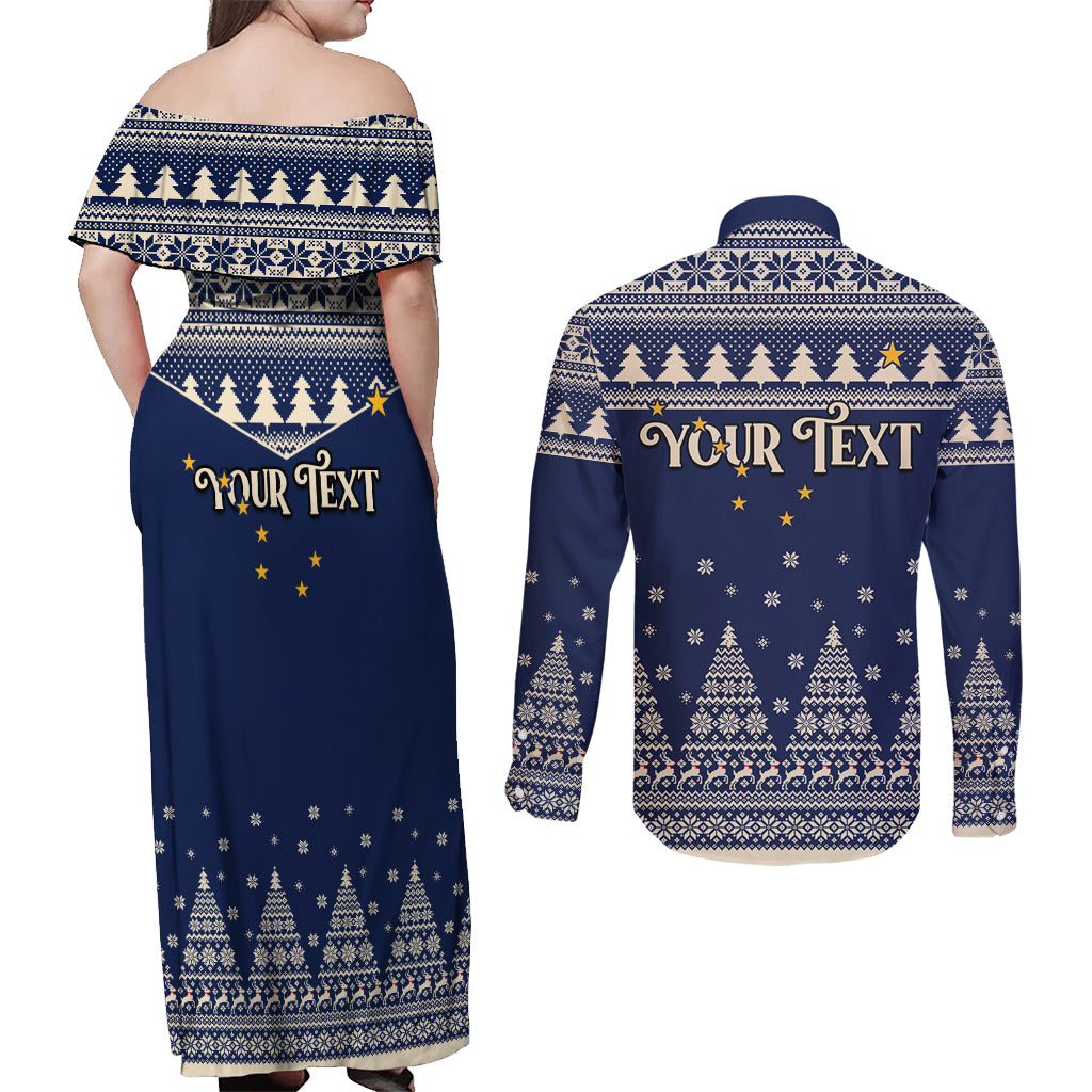 Custom Alaska Christmas Couples Matching Off Shoulder Maxi Dress and Long Sleeve Button Shirt Santa Claus With Snowman Reindeer Penguin - Wonder Print Shop