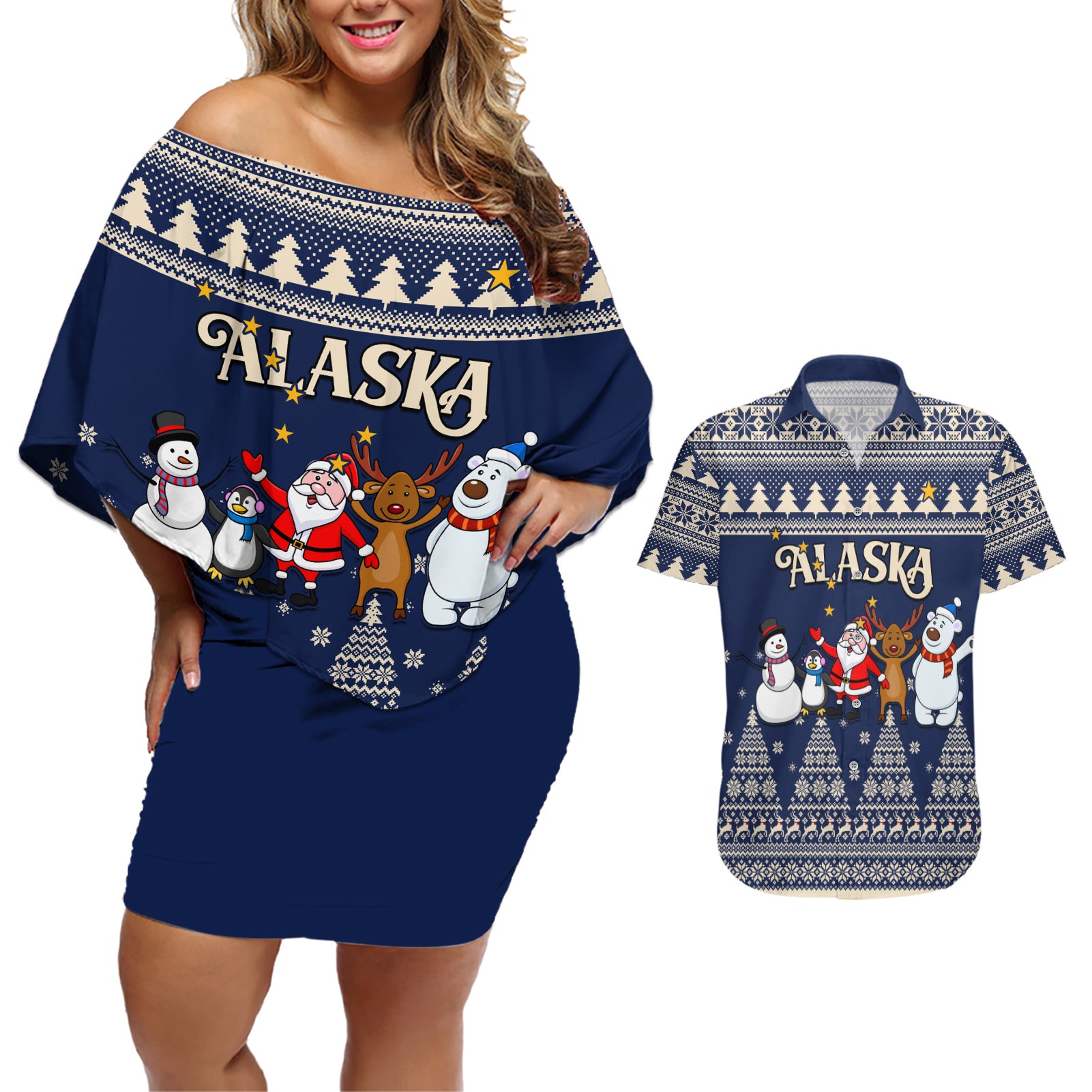 Custom Alaska Christmas Couples Matching Off Shoulder Short Dress and Hawaiian Shirt Santa Claus With Snowman Reindeer Penguin - Wonder Print Shop