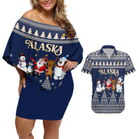 Custom Alaska Christmas Couples Matching Off Shoulder Short Dress and Hawaiian Shirt Santa Claus With Snowman Reindeer Penguin - Wonder Print Shop