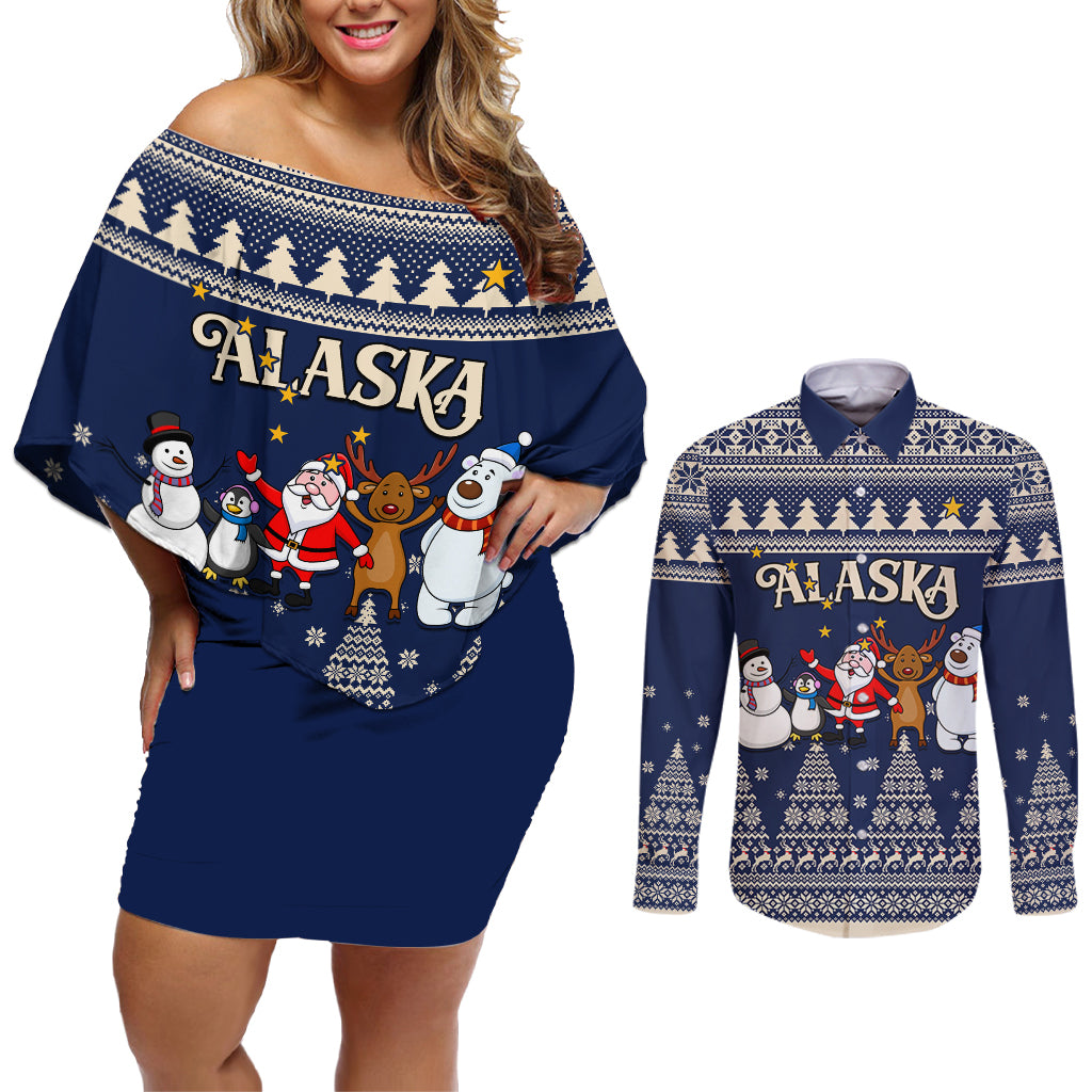 Custom Alaska Christmas Couples Matching Off Shoulder Short Dress and Long Sleeve Button Shirt Santa Claus With Snowman Reindeer Penguin - Wonder Print Shop