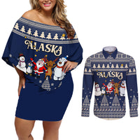 Custom Alaska Christmas Couples Matching Off Shoulder Short Dress and Long Sleeve Button Shirt Santa Claus With Snowman Reindeer Penguin - Wonder Print Shop