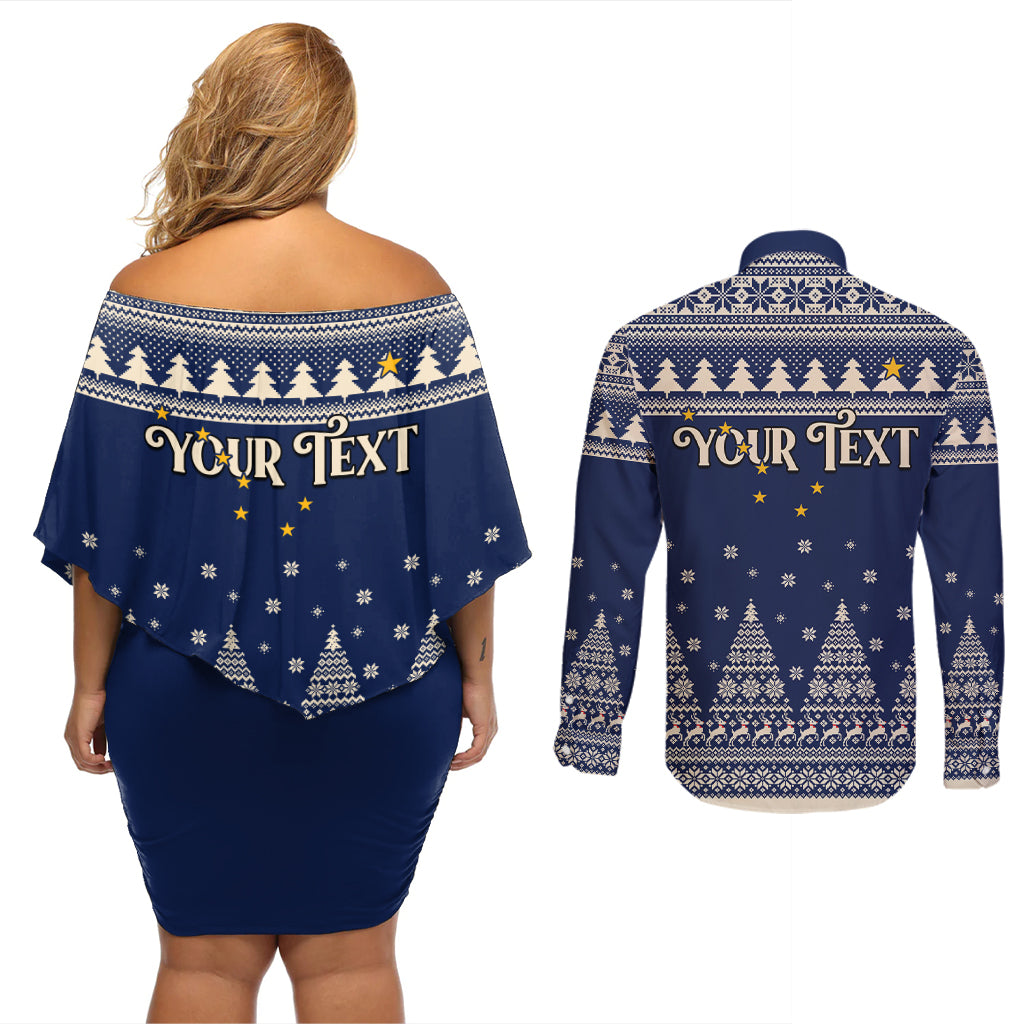 Custom Alaska Christmas Couples Matching Off Shoulder Short Dress and Long Sleeve Button Shirt Santa Claus With Snowman Reindeer Penguin - Wonder Print Shop