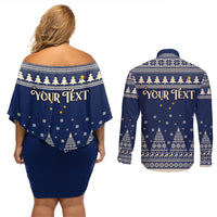 Custom Alaska Christmas Couples Matching Off Shoulder Short Dress and Long Sleeve Button Shirt Santa Claus With Snowman Reindeer Penguin - Wonder Print Shop