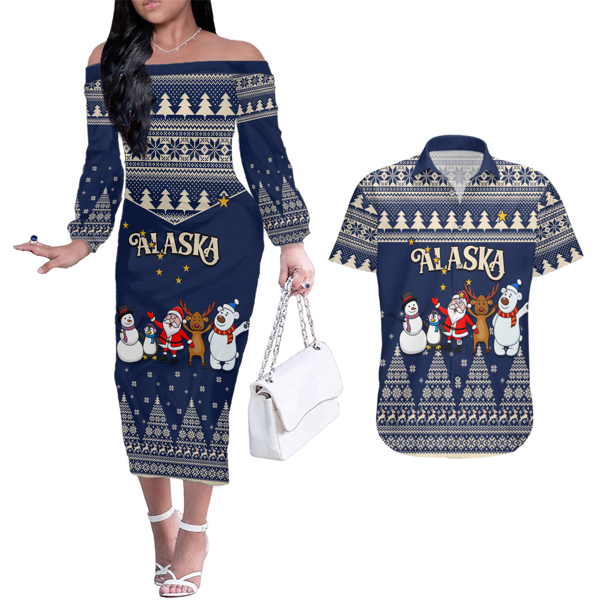 Custom Alaska Christmas Couples Matching Off The Shoulder Long Sleeve Dress and Hawaiian Shirt Santa Claus With Snowman Reindeer Penguin - Wonder Print Shop