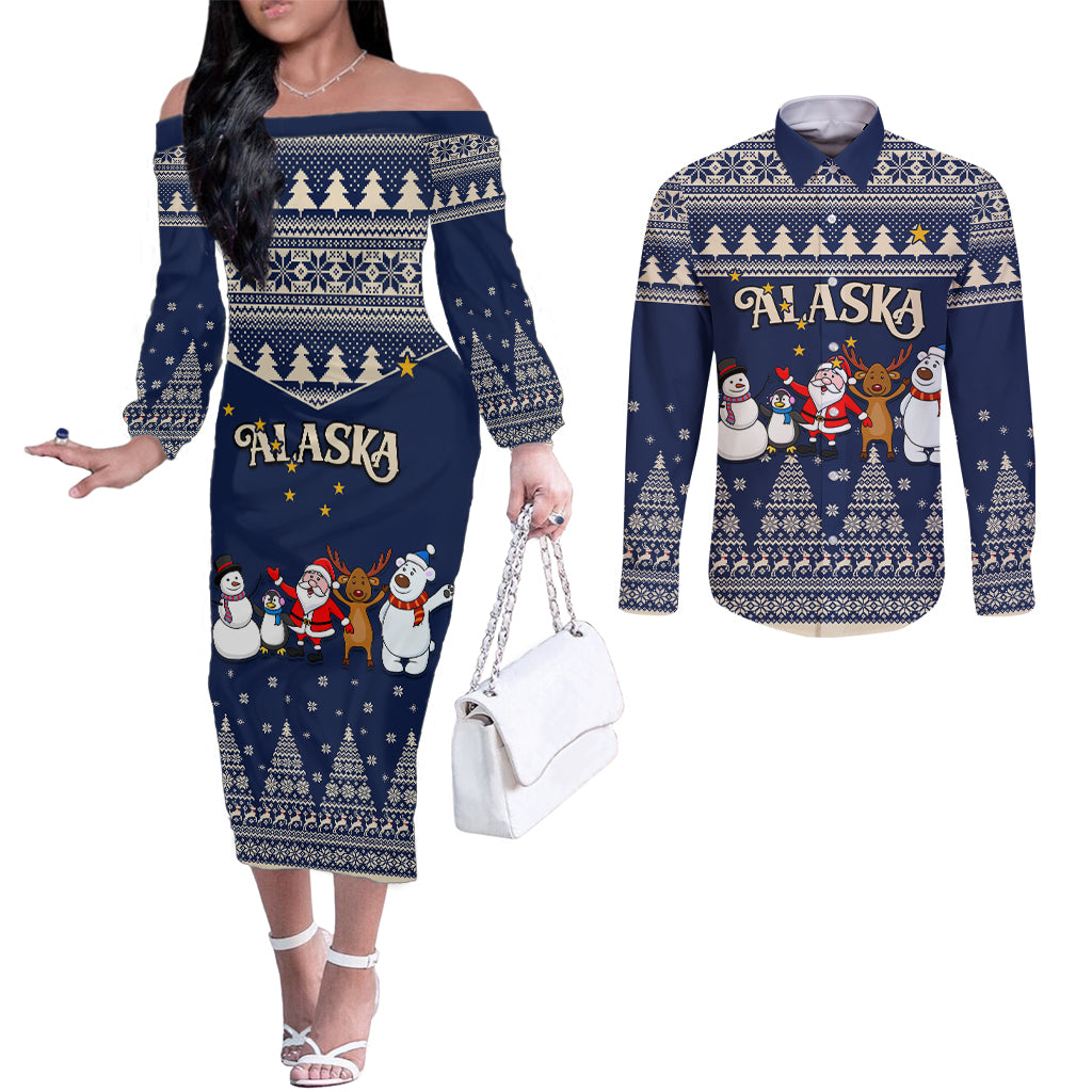 custom-alaska-christmas-couples-matching-off-the-shoulder-long-sleeve-dress-and-long-sleeve-button-shirt-santa-claus-with-snowman-reindeer-penguin