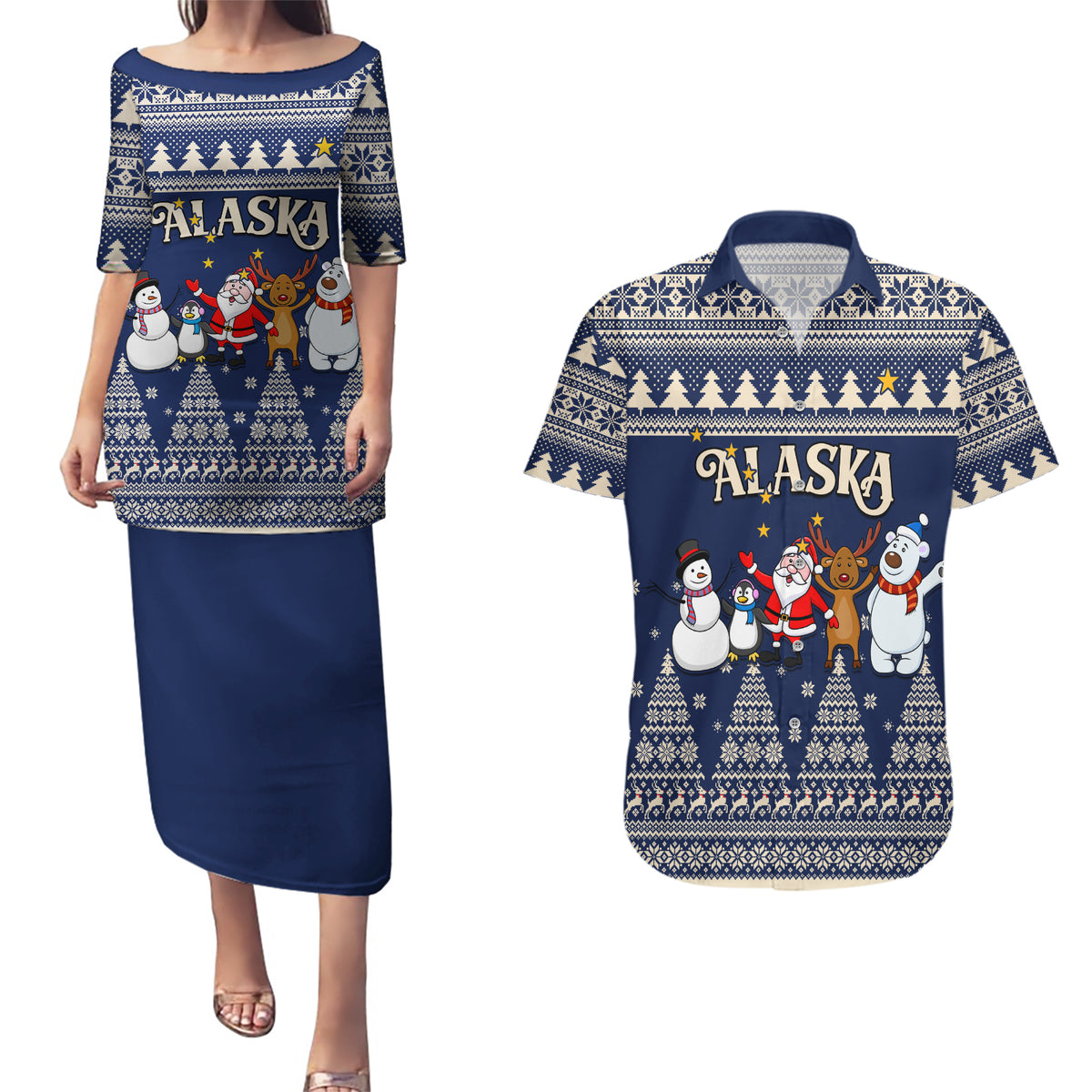 Custom Alaska Christmas Couples Matching Puletasi Dress and Hawaiian Shirt Santa Claus With Snowman Reindeer Penguin - Wonder Print Shop