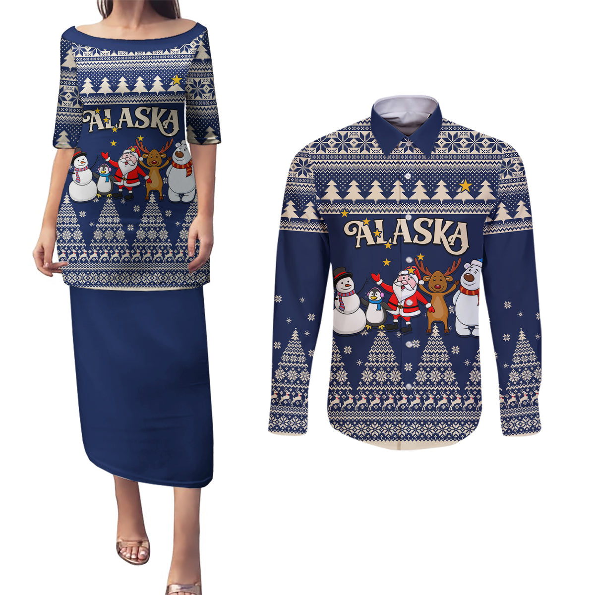 Custom Alaska Christmas Couples Matching Puletasi Dress and Long Sleeve Button Shirt Santa Claus With Snowman Reindeer Penguin - Wonder Print Shop